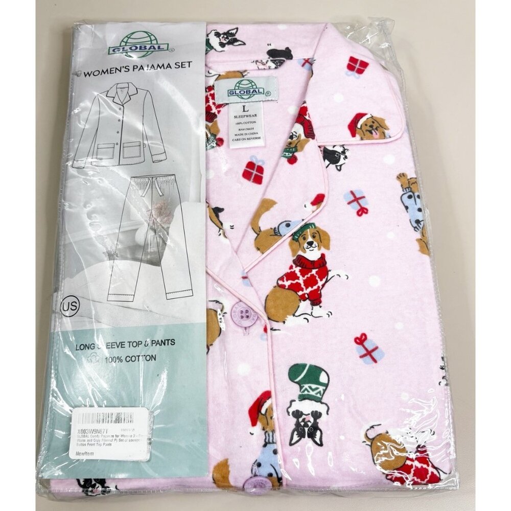 Global All Over Dog Pajama Large 100% Cotton (2 Pc) Button Top Pants Pink New